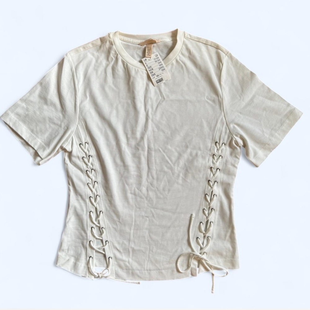 Cream White Fitted Tie Front Short Sleeve Cotton Tee